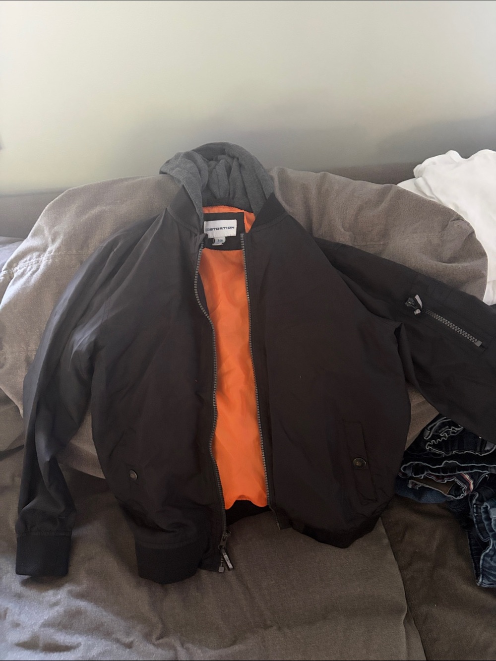 Kids Black Bomber Jacket with Orange Lining and Gray Hood